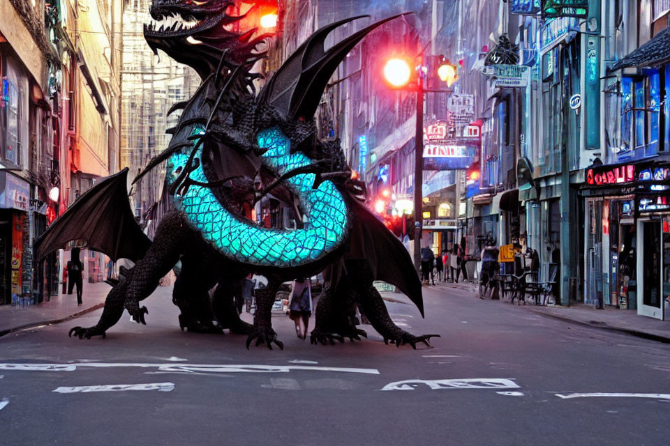 Digital artwork: Black dragon with blue accents in modern city scene