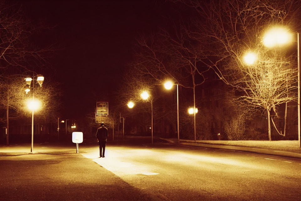 Solitary figure at dimly lit bus stop on deserted street