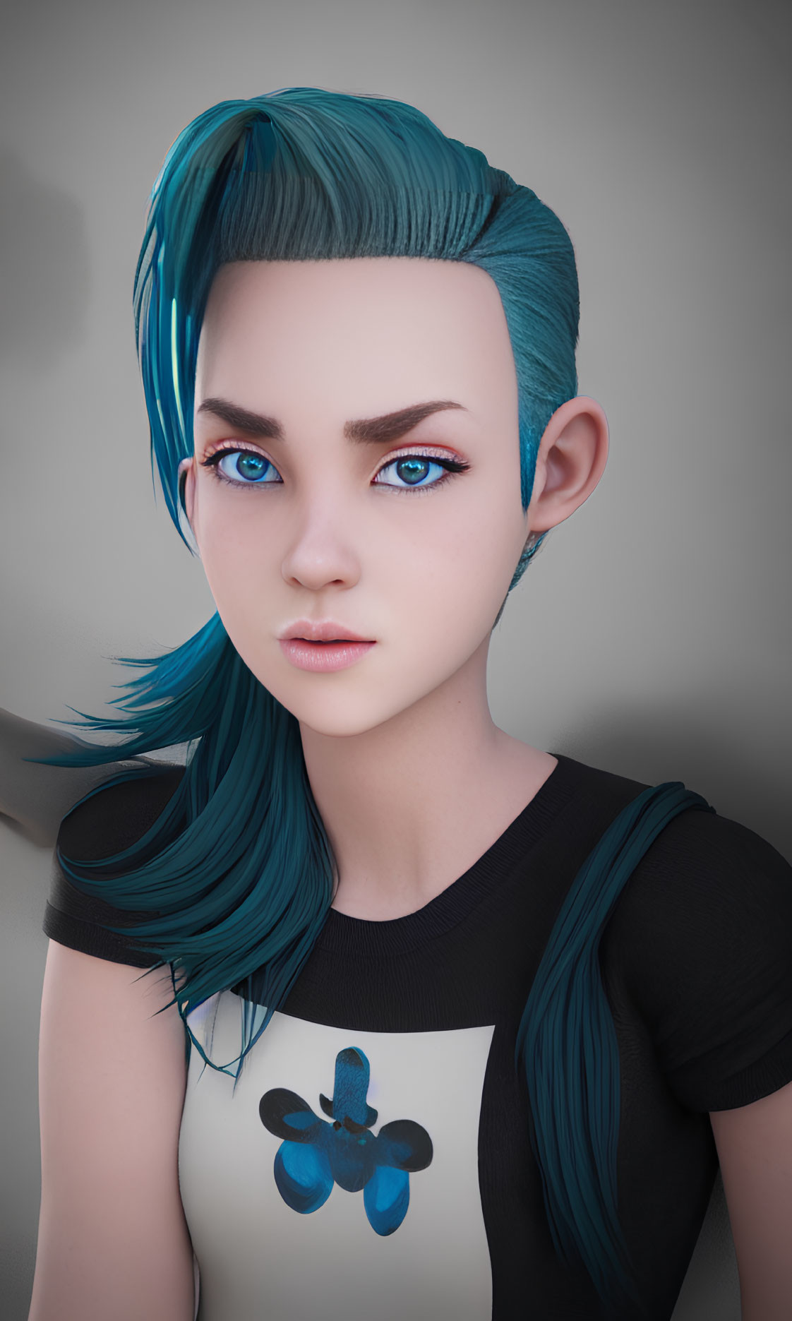 Portrait of a person with blue eyes, teal side-swept hair, and a paw print t