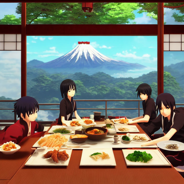 Animated Characters Dining in Traditional Japanese Room with Mount Fuji View