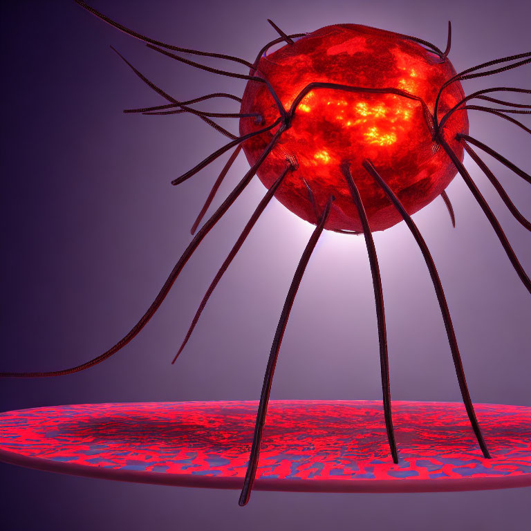 Glowing red virus-like sphere on dark purple background