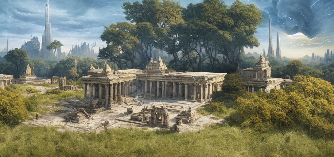 Mystical landscape with ancient temple complex in lush forest