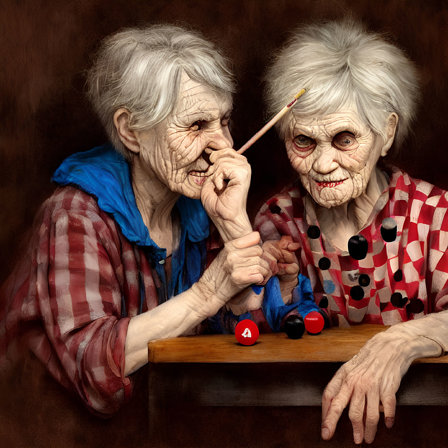 Elderly women with exaggerated features playing board game
