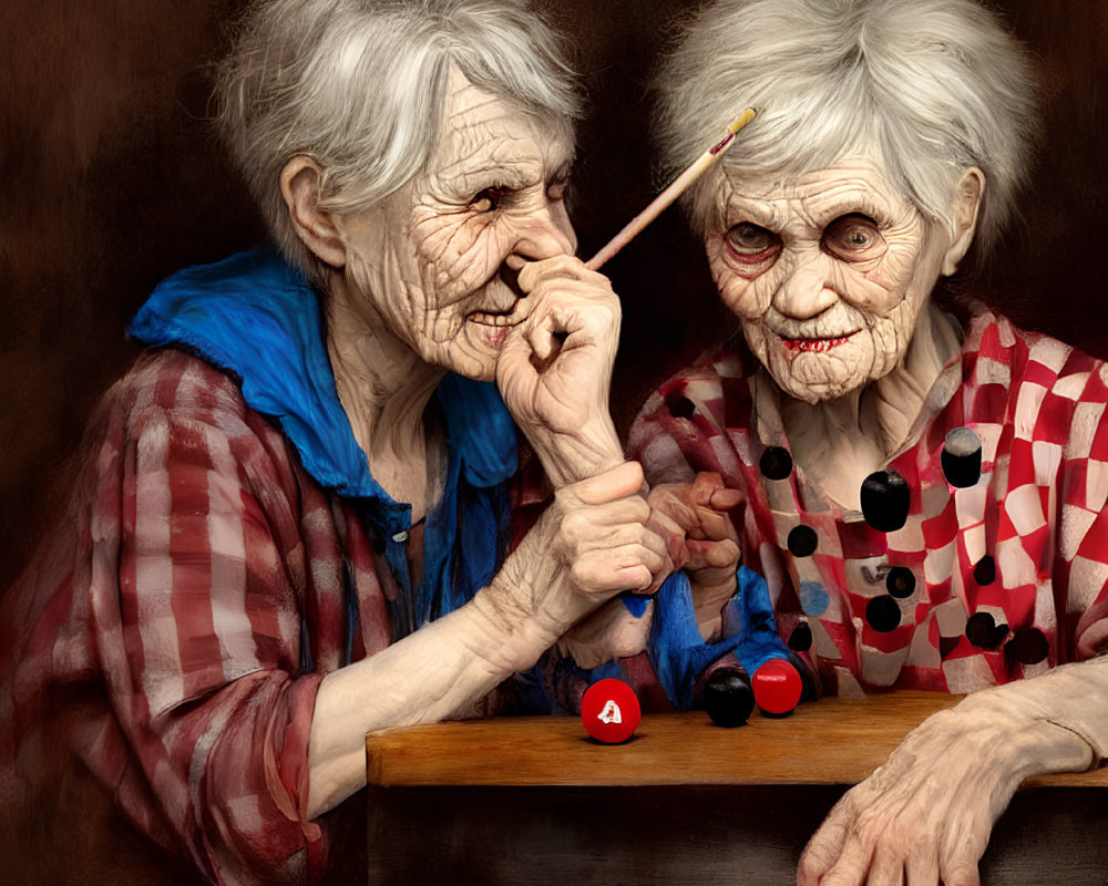Elderly women with exaggerated features playing board game