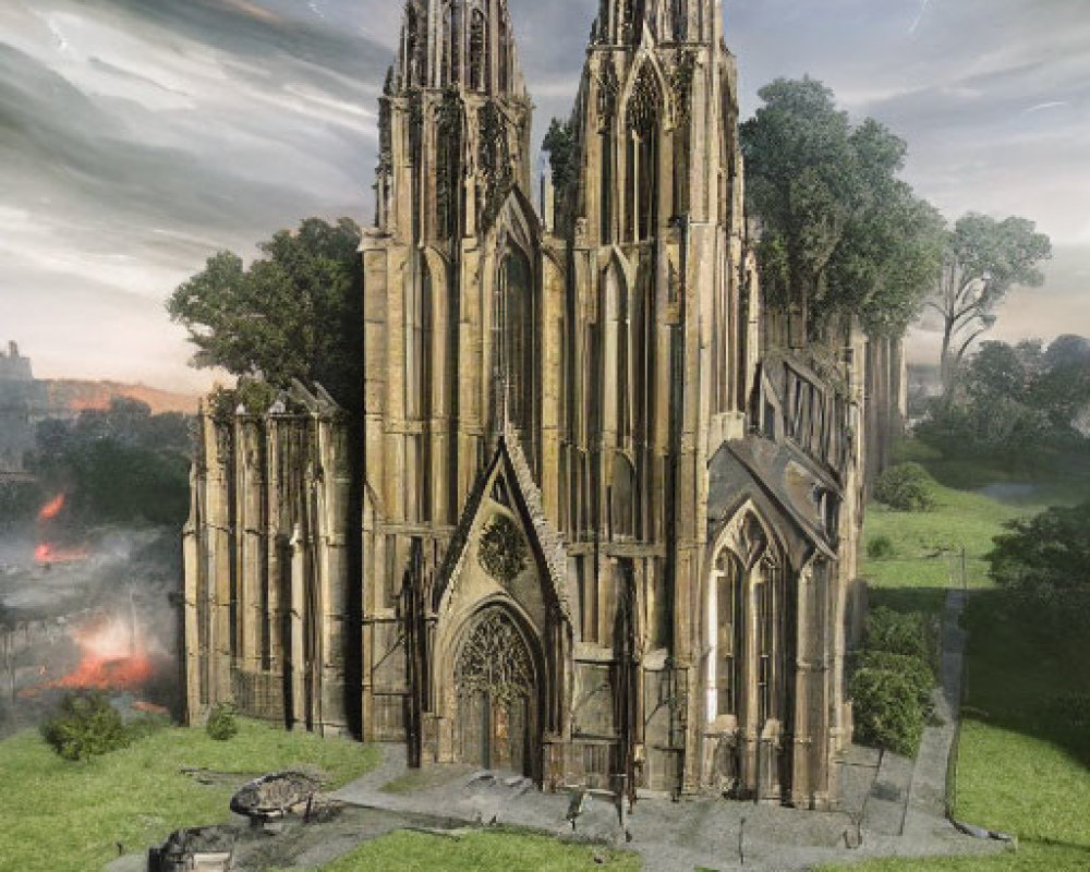Gothic Cathedral in Overgrown Landscape with Stormy Sky