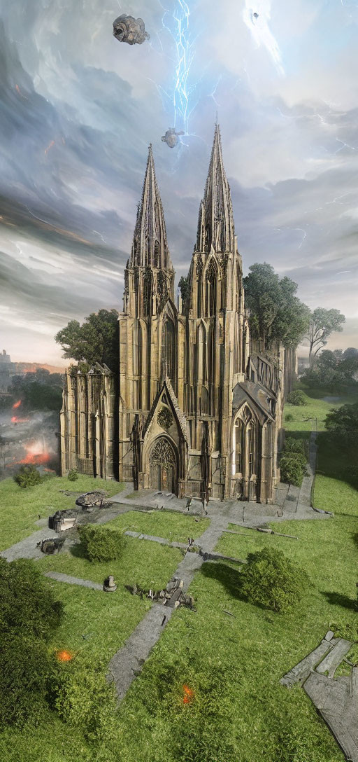 Gothic Cathedral in Overgrown Landscape with Stormy Sky