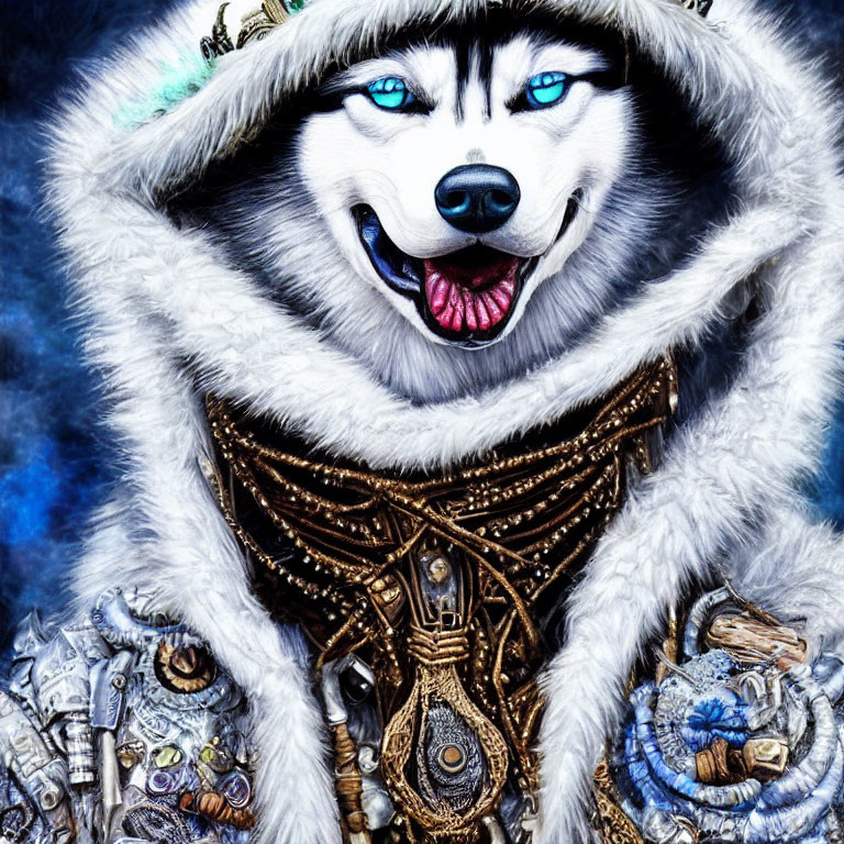 Digitally enhanced husky in fantasy armor with blue eyes.