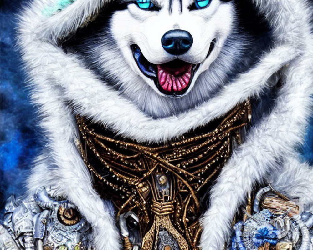 Digitally enhanced husky in fantasy armor with blue eyes.