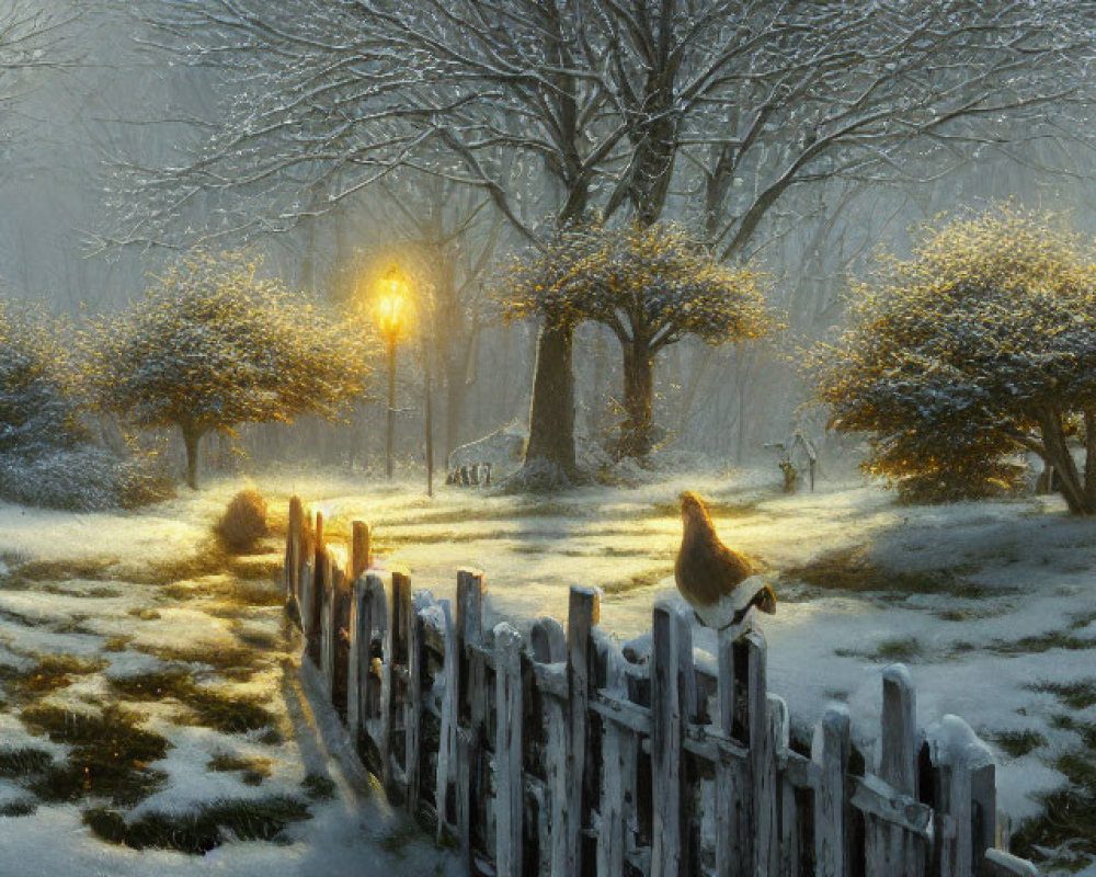 Snowy Dusk Landscape with Lamppost and Golden Light