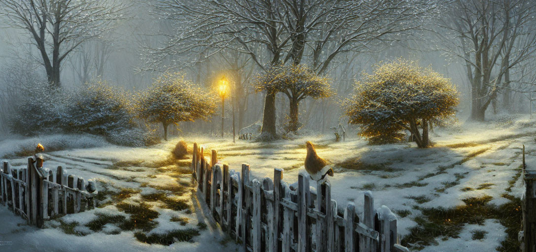 Snowy Dusk Landscape with Lamppost and Golden Light