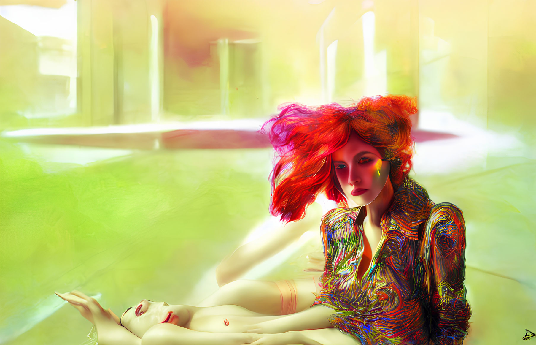 Colorful digital artwork: Person with fiery red hair in dreamy setting