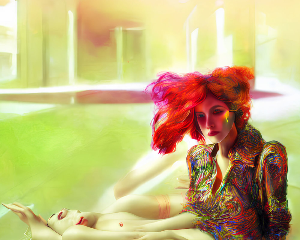 Colorful digital artwork: Person with fiery red hair in dreamy setting