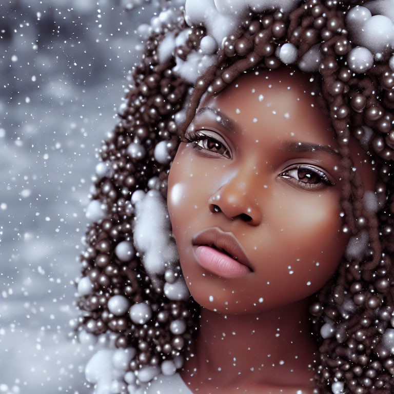 Close-up portrait of woman with beads in hair in gentle snowfall