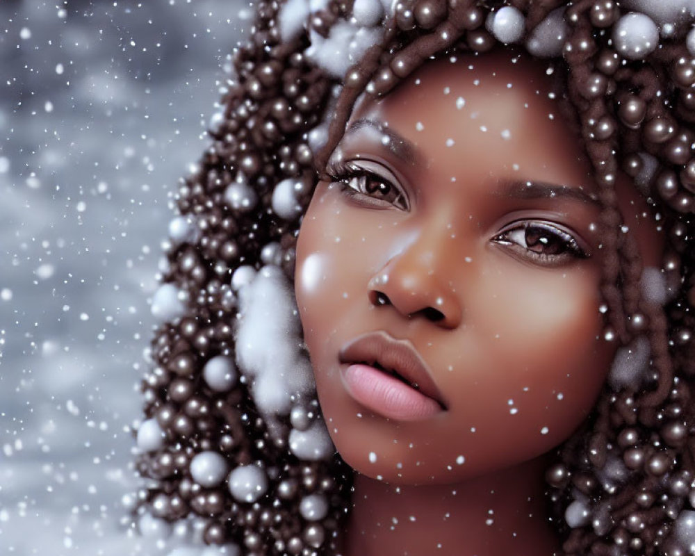 Close-up portrait of woman with beads in hair in gentle snowfall