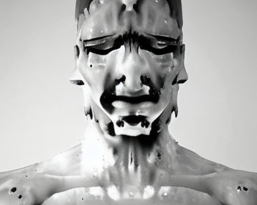 Monochrome image of person with melting wax-like substance on face