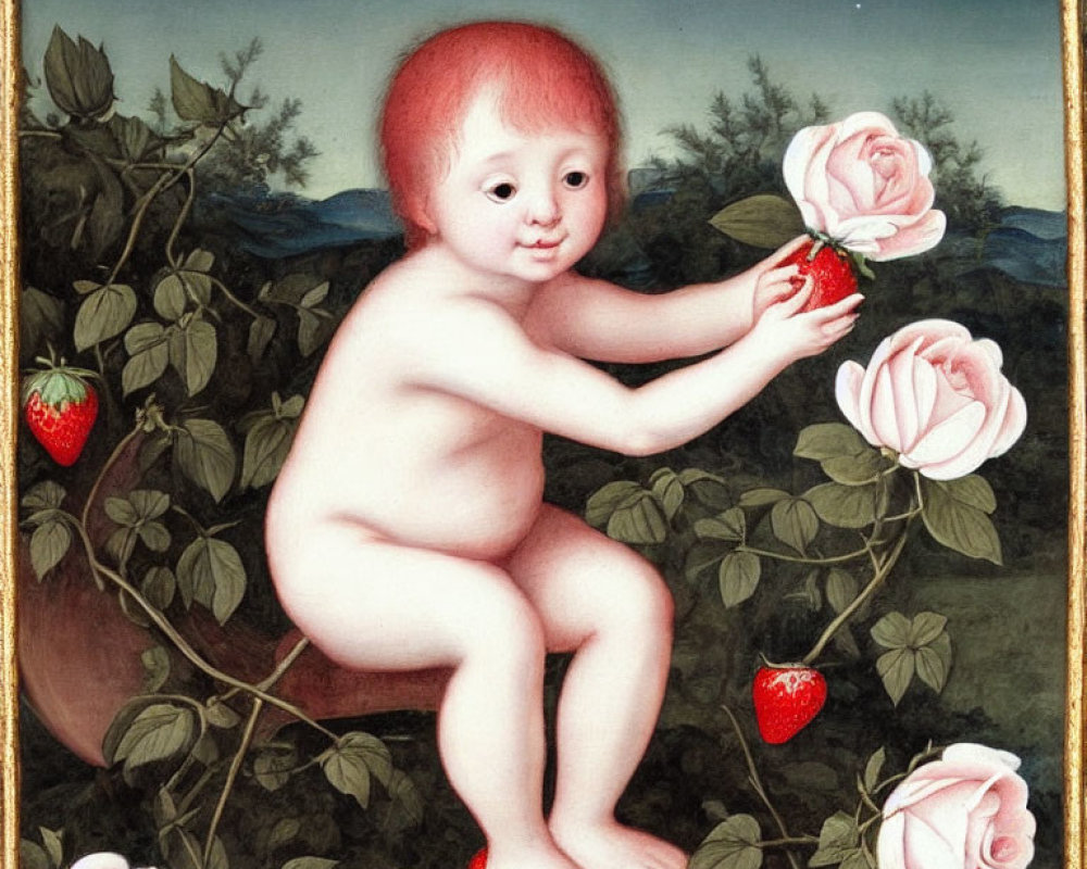 Cherubic child among rose bushes and strawberries under crescent moon