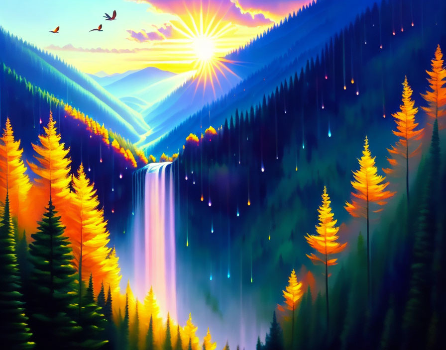 Scenic landscape painting of waterfall in pine forest at sunrise