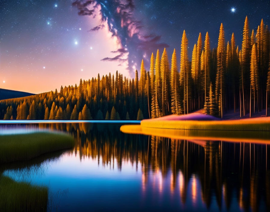 Tranquil Twilight Lakeside with Starry Sky