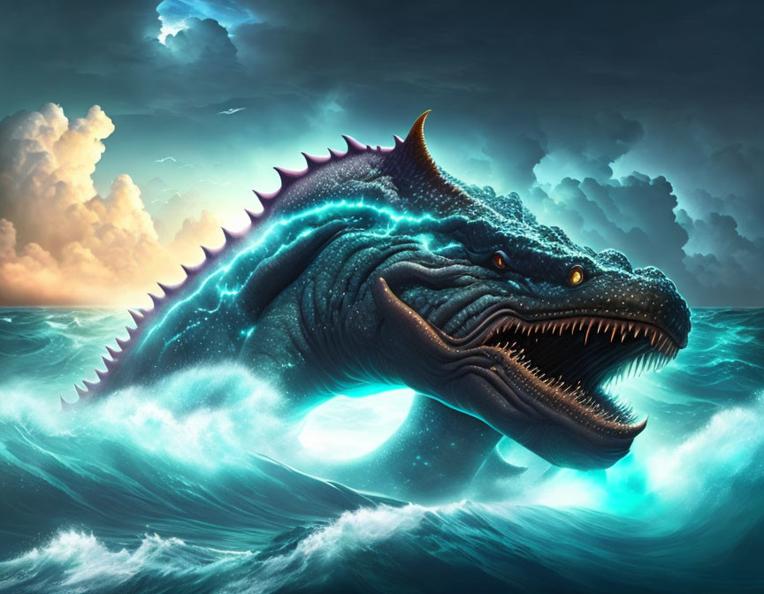 Majestic sea monster with glowing eyes and spiny back emerges from ocean waves