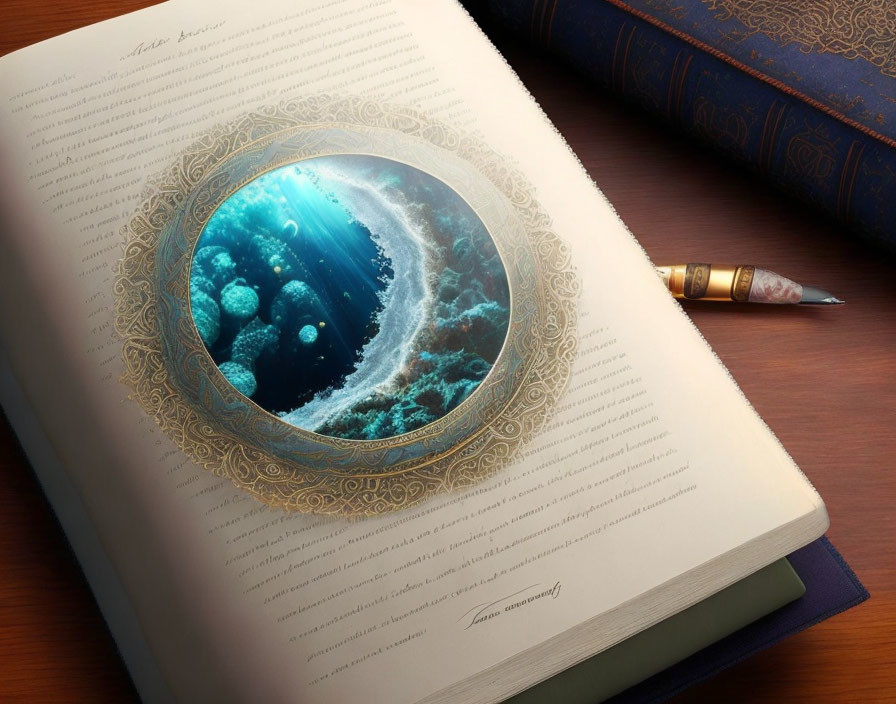 Open book with ocean portal illustration and pen: magical theme