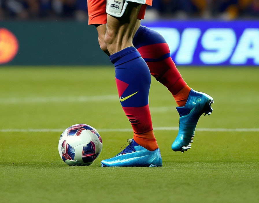 Soccer player dribbling ball in blue socks and orange shorts