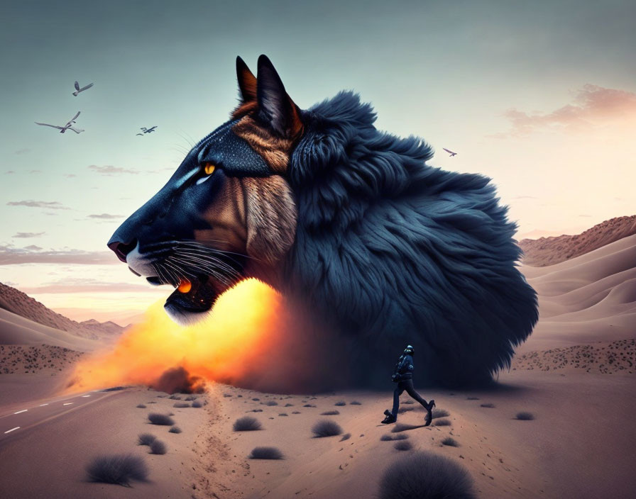 Colossal wolf breathing fire in desert with human and birds.