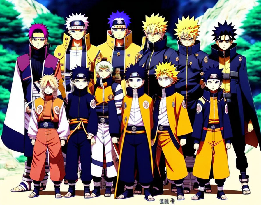 Collection of animated characters in Naruto outfits displaying main character evolution