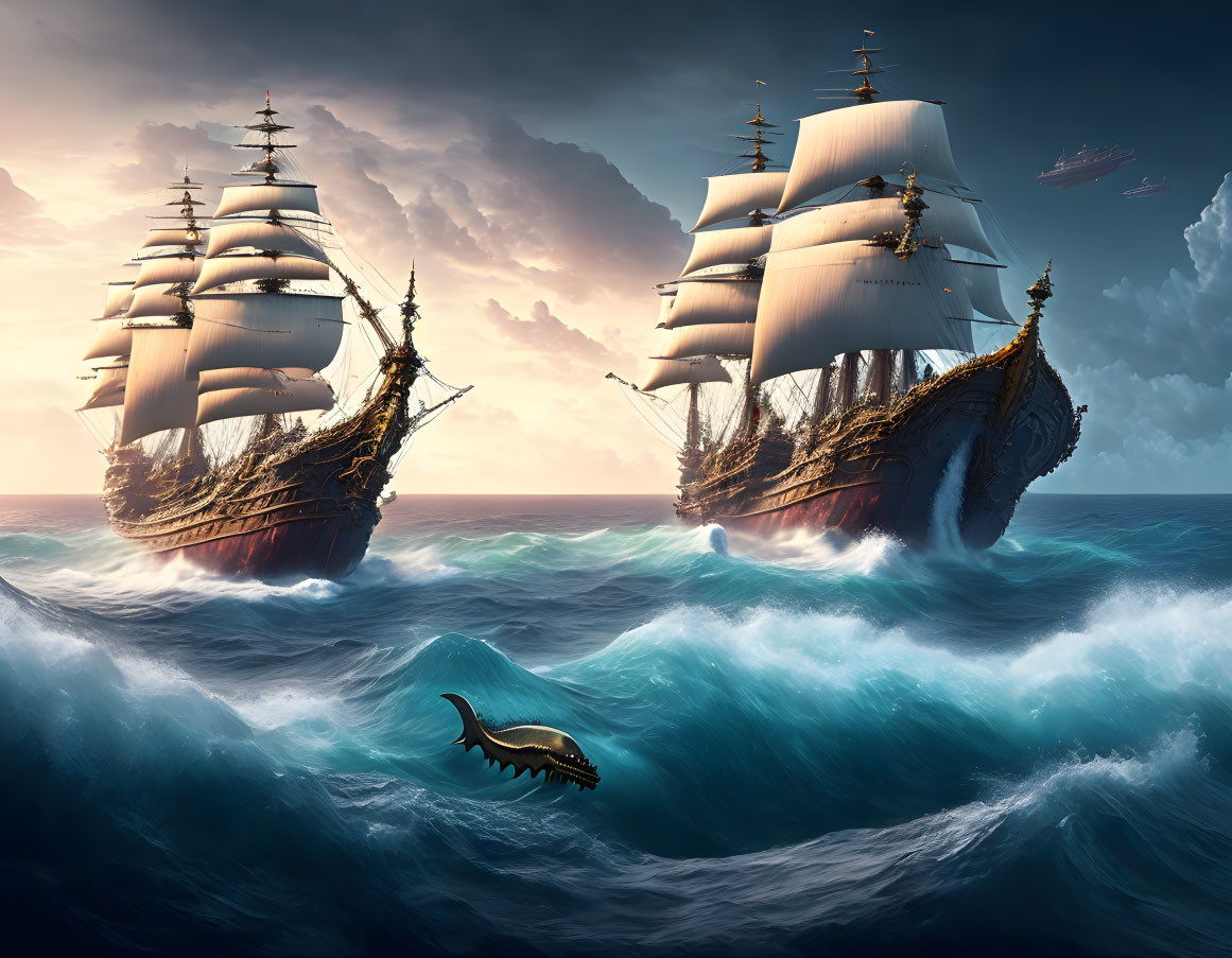 Majestic sailing ships, fantastical creature, and floating islands