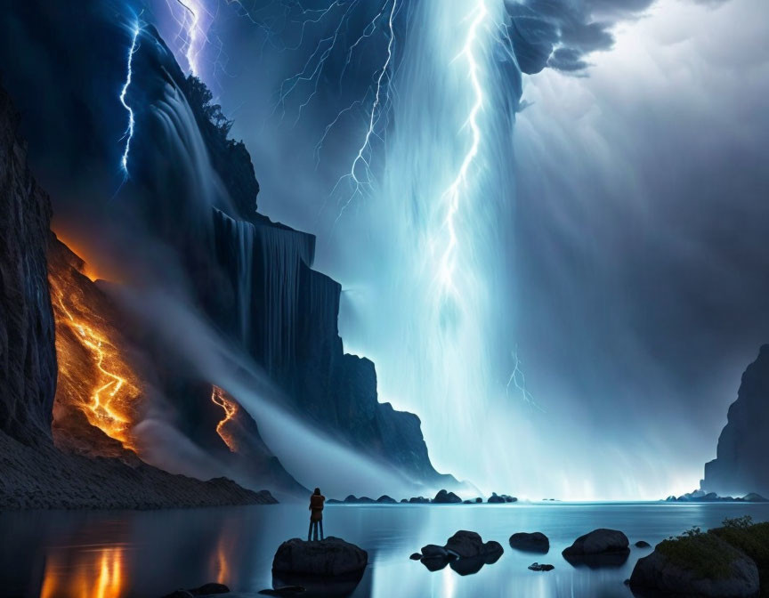 Person observes waterfall, lightning, fireflow at lake cliff