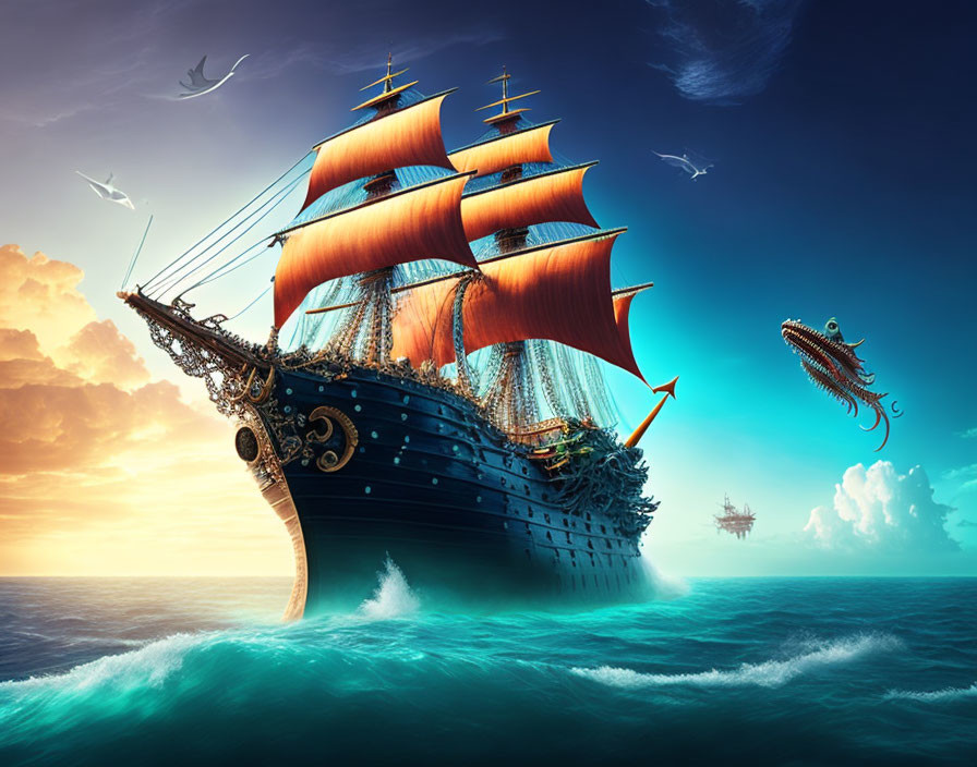 Vintage ship with orange sails, giant squid, seagulls, and sunset scene