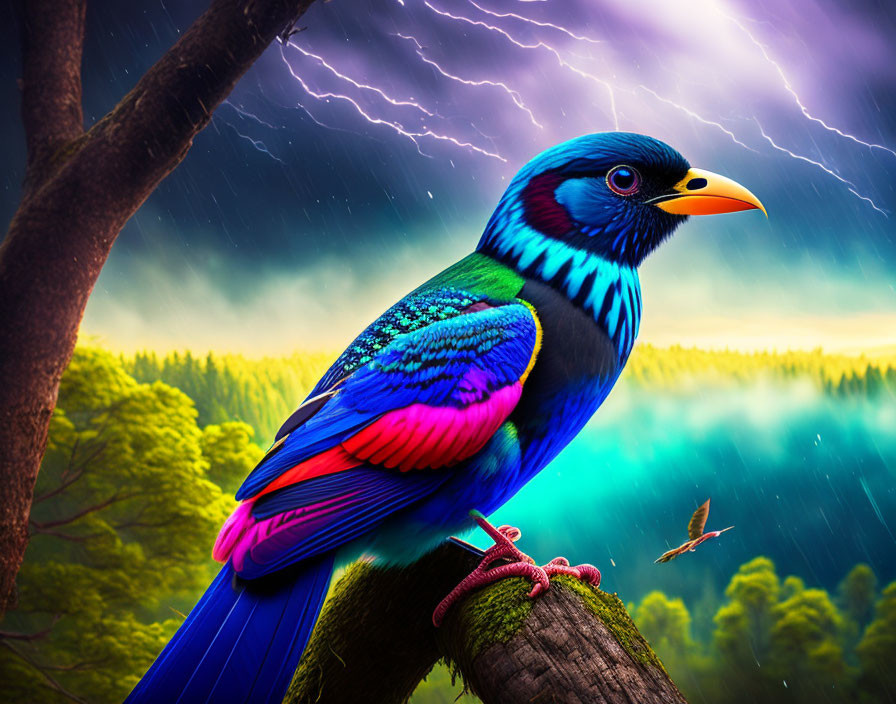 Colorful Bird Perched on Branch with Stormy Sky and Lightning