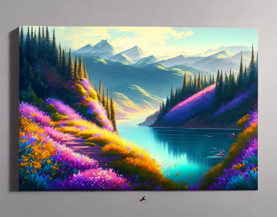 Colorful Mountain Landscape with River, Flowers, Pine Trees, and Boat