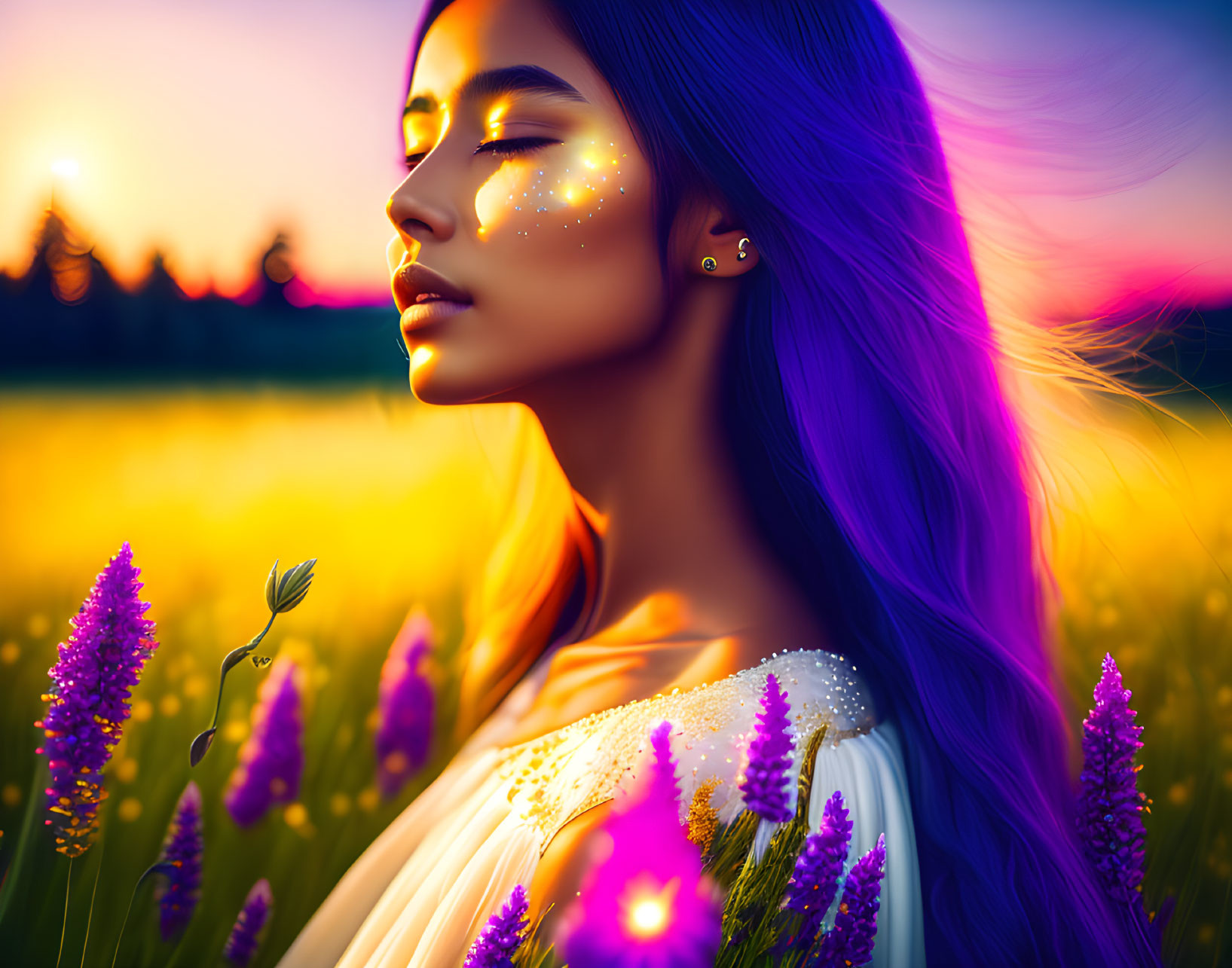 Purple-haired woman in glowing makeup in a field of flowers at sunset