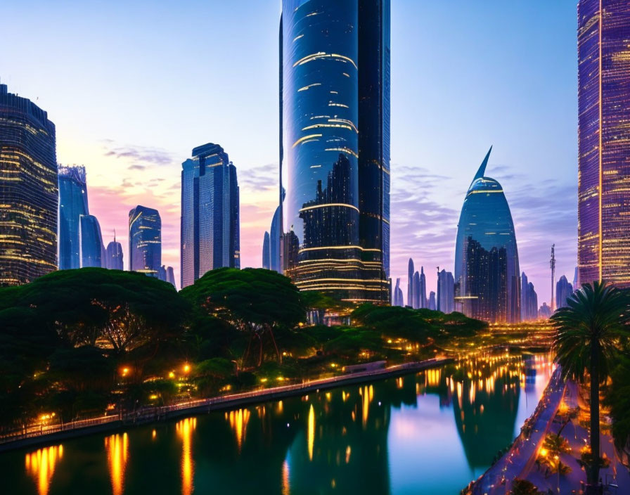 City skyline at dusk with illuminated skyscrapers reflecting on calm river amid lush greenery