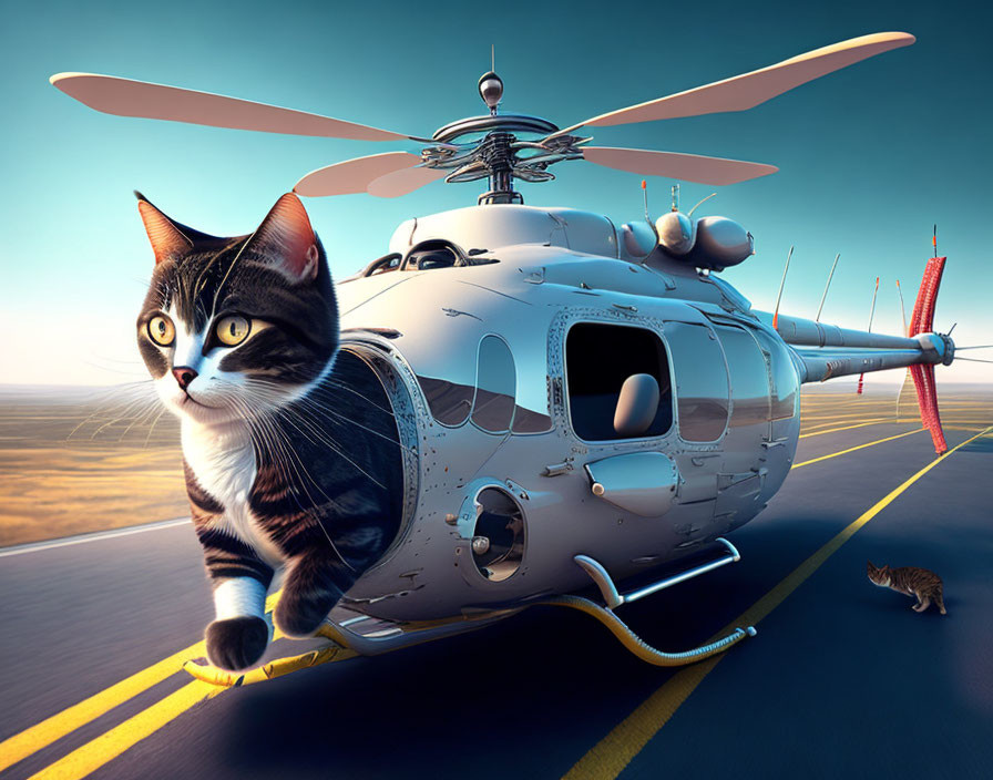 Cat-helicopter hybrid chasing a mouse on a runway