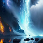 Person observes waterfall, lightning, fireflow at lake cliff