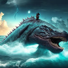 Majestic sea monster with glowing eyes and spiny back emerges from ocean waves