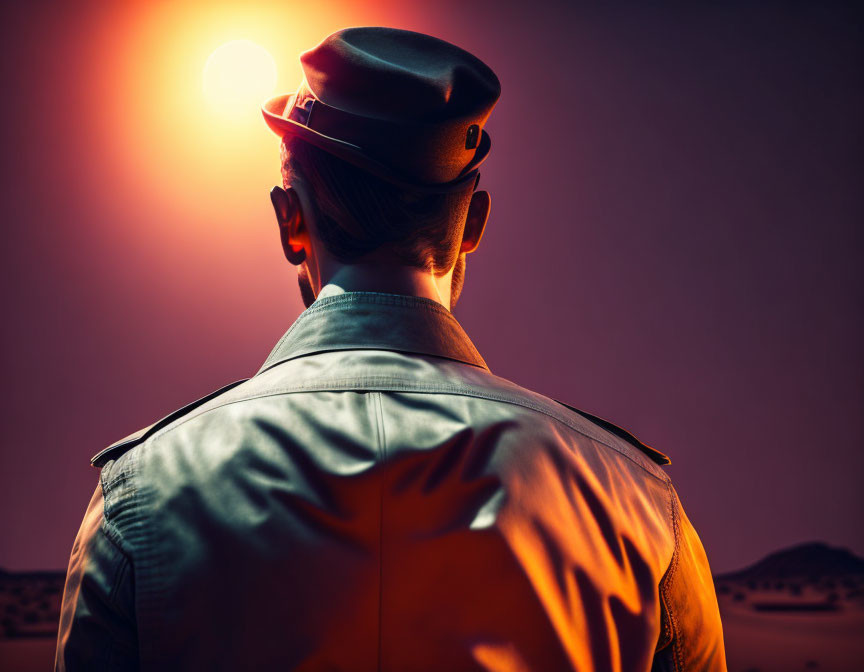 Military person in uniform watching sunset over desert landscape