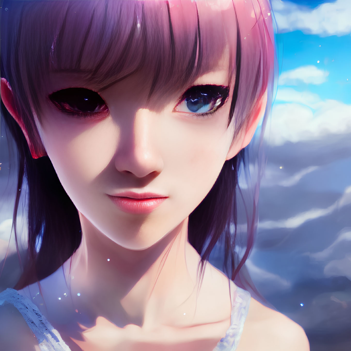 Girl with Sparkling Purple Eyes and Pink Ombre Hair in Cloudy Sky Setting