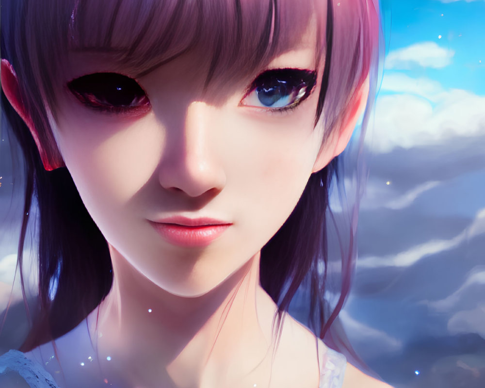 Girl with Sparkling Purple Eyes and Pink Ombre Hair in Cloudy Sky Setting