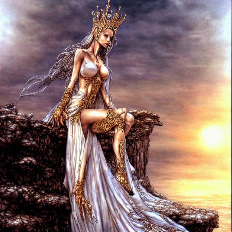 Illustrated queen in golden corset on rock with sunset sky.