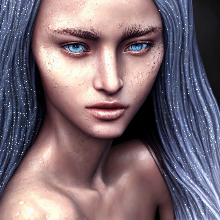 Portrait of person with blue eyes, pale skin, and long blue hair with water droplets.