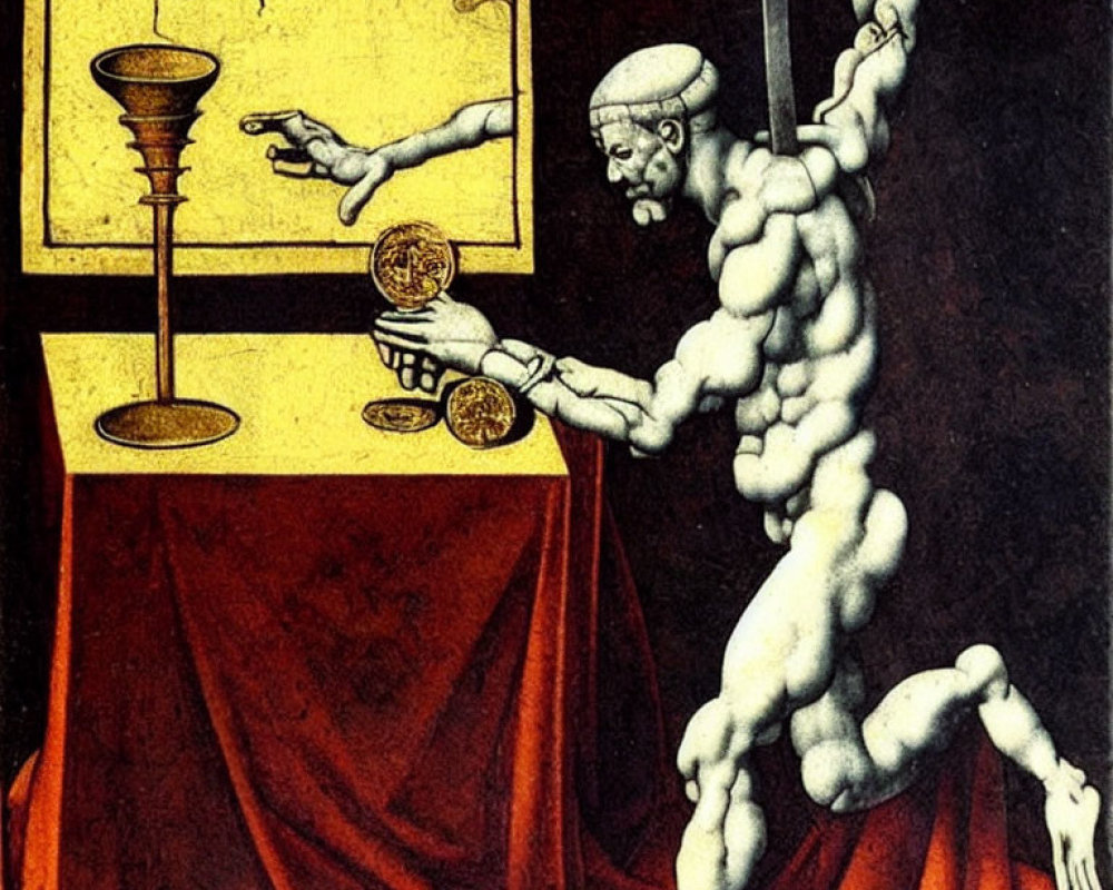 Muscular man balances coins and chalice on scale in alchemy-themed illustration