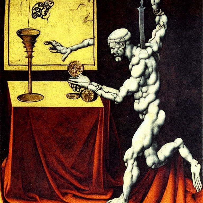 Muscular man balances coins and chalice on scale in alchemy-themed illustration