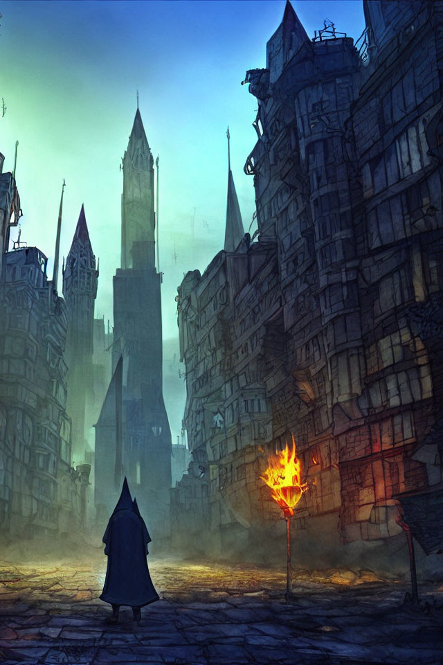 Cloaked figure in medieval cityscape at dusk with spires and torch