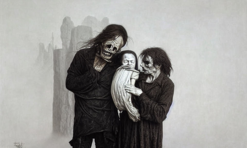 Monochromatic artwork of eerie skeletal figures with a baby, set against a vague cityscape