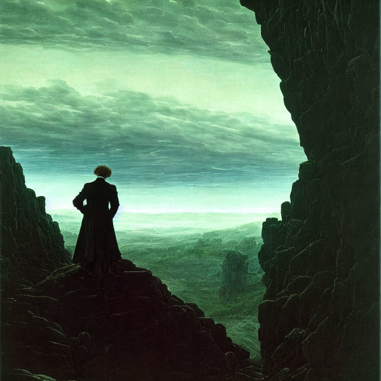 Solitary Figure on Rocky Precipice Overlooking Green Canyon