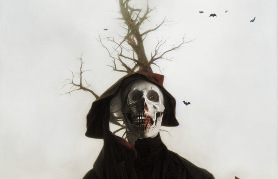 Skeleton in Cloak Stands by Barren Tree with Bats