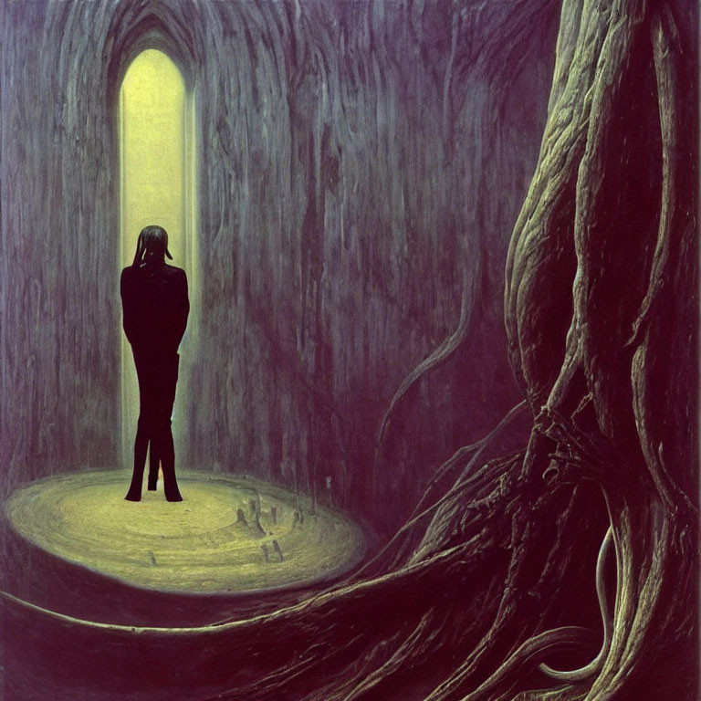 Solitary figure in dimly lit cavern with large roots and yellow doorway