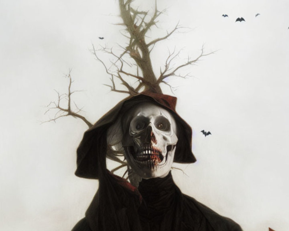 Skeleton in Cloak Stands by Barren Tree with Bats